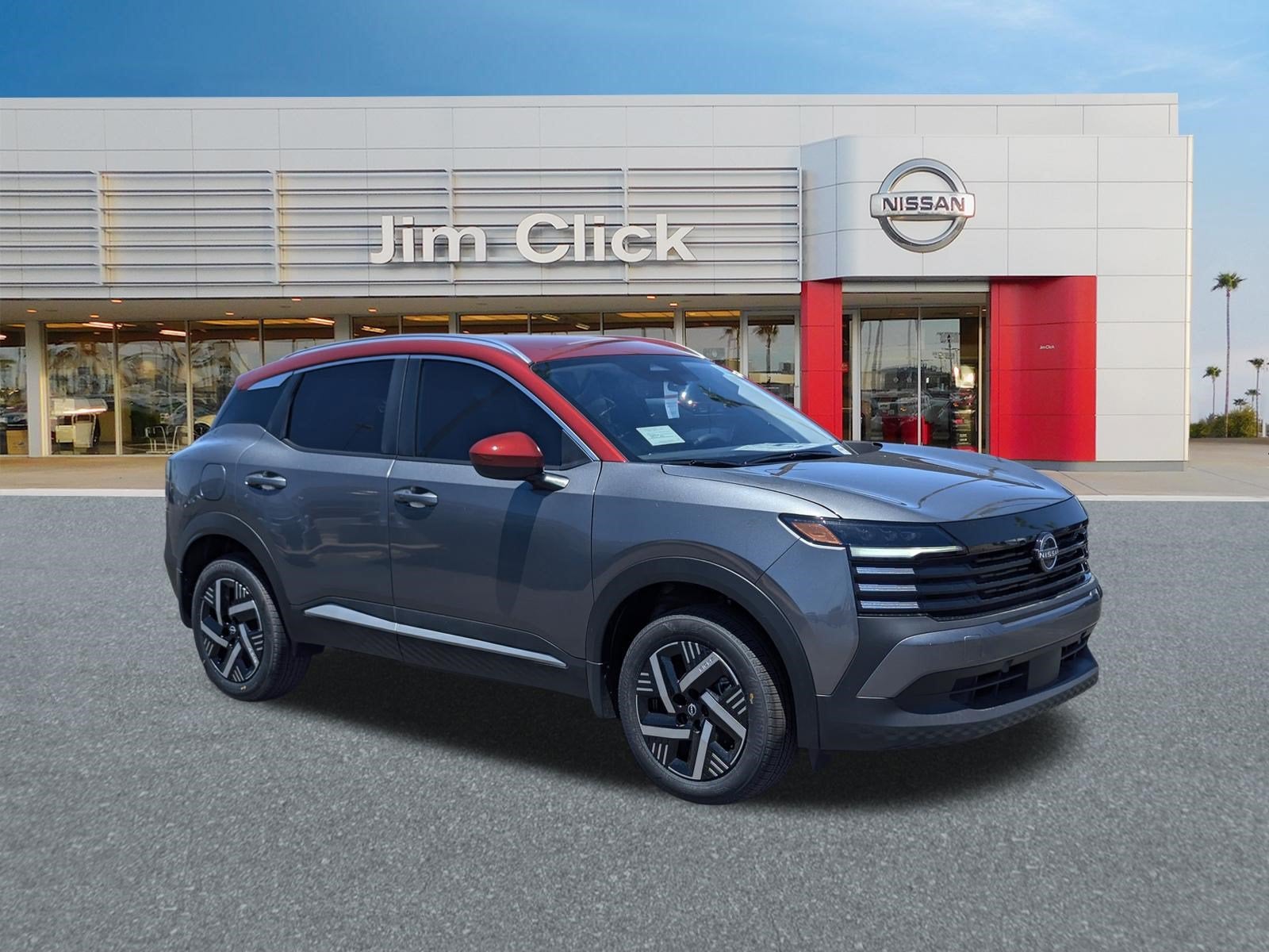 2026 Nissan Kicks SV in Gun Metallic/Scarlet Ember Tintcoat — front three-quarter view